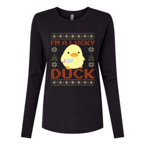 Funny Duck With Knife Meme IM A Lucky Duck Ugly Christmas Gift Womens Cotton Relaxed Long Sleeve T-Shirt