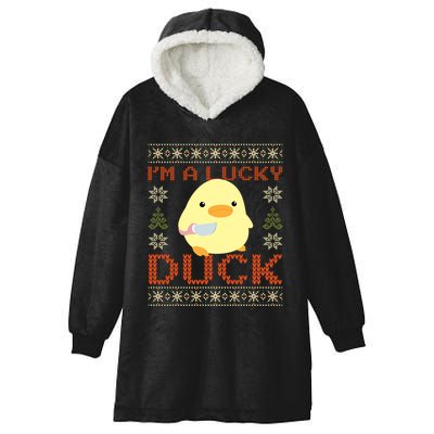 Funny Duck With Knife Meme IM A Lucky Duck Ugly Christmas Gift Hooded Wearable Blanket
