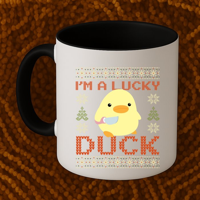 Funny Duck With Knife Meme IM A Lucky Duck Ugly Christmas Gift Mug