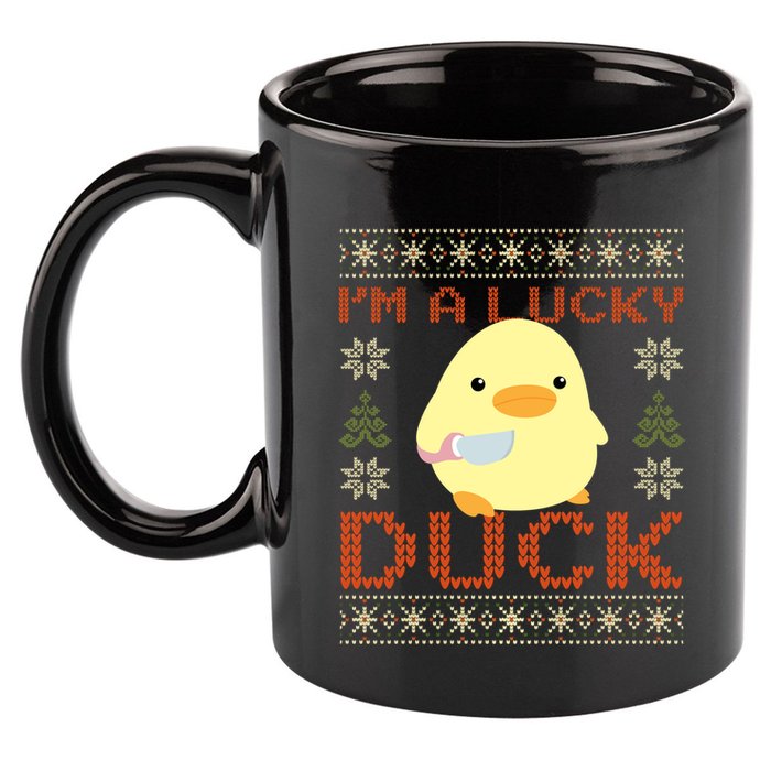 Funny Duck With Knife Meme IM A Lucky Duck Ugly Christmas Gift 11oz C Handle Ceramic Mug