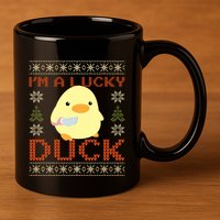 Funny Duck With Knife Meme IM A Lucky Duck Ugly Christmas Gift 11oz C Handle Ceramic Mug