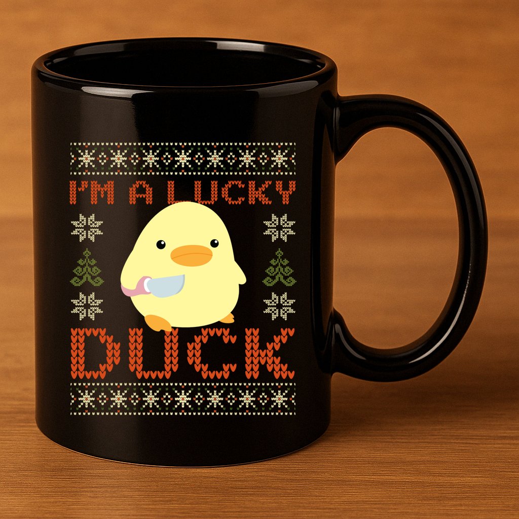 Funny Duck With Knife Meme IM A Lucky Duck Ugly Christmas Gift 11oz C Handle Ceramic Mug