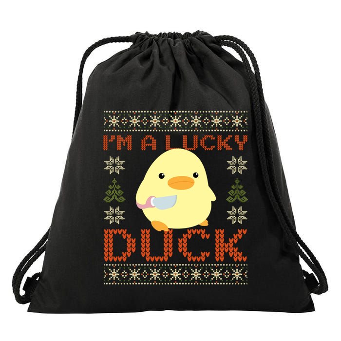 Funny Duck With Knife Meme IM A Lucky Duck Ugly Christmas Gift Drawstring Bag