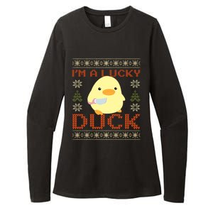 Funny Duck With Knife Meme IM A Lucky Duck Ugly Christmas Gift Womens CVC Long Sleeve Shirt