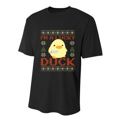 Funny Duck With Knife Meme IM A Lucky Duck Ugly Christmas Gift Youth Performance Sprint T-Shirt