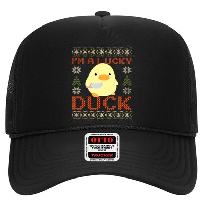 Funny Duck With Knife Meme IM A Lucky Duck Ugly Christmas Gift Trucker Hat