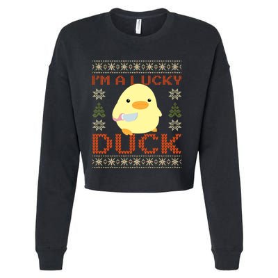 Funny Duck With Knife Meme IM A Lucky Duck Ugly Christmas Gift Cropped Pullover Crew