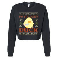 Funny Duck With Knife Meme IM A Lucky Duck Ugly Christmas Gift Cropped Pullover Crew
