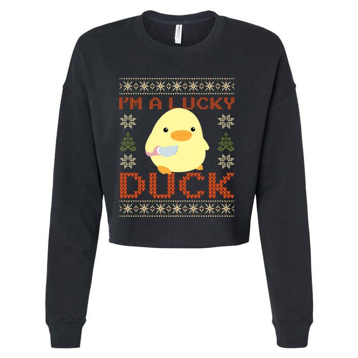 Funny Duck With Knife Meme IM A Lucky Duck Ugly Christmas Gift Cropped Pullover Crew