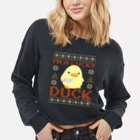 Funny Duck With Knife Meme IM A Lucky Duck Ugly Christmas Gift Cropped Pullover Crew