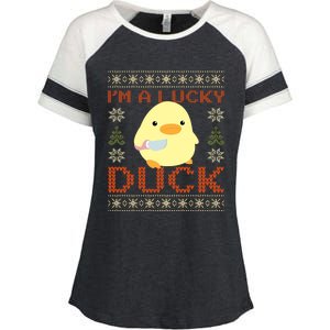 Funny Duck With Knife Meme IM A Lucky Duck Ugly Christmas Gift Enza Ladies Jersey Colorblock Tee