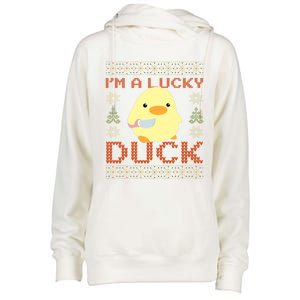 Funny Duck With Knife Meme IM A Lucky Duck Ugly Christmas Gift Womens Funnel Neck Pullover Hood