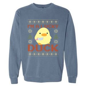 Funny Duck With Knife Meme IM A Lucky Duck Ugly Christmas Gift Garment-Dyed Sweatshirt