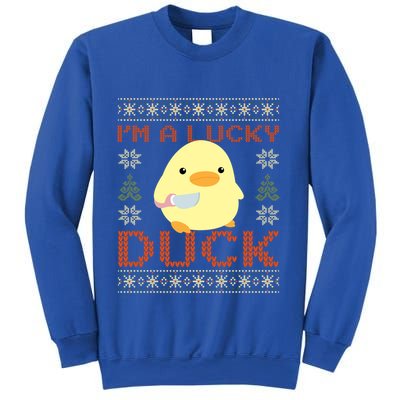 Funny Duck With Knife Meme IM A Lucky Duck Ugly Christmas Gift Sweatshirt