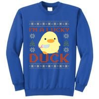 Funny Duck With Knife Meme IM A Lucky Duck Ugly Christmas Gift Sweatshirt