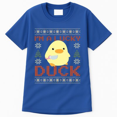 Funny Duck With Knife Meme IM A Lucky Duck Ugly Christmas Gift Tall T-Shirt