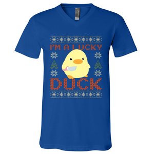 Funny Duck With Knife Meme IM A Lucky Duck Ugly Christmas Gift V-Neck T-Shirt