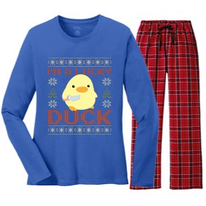 Funny Duck With Knife Meme IM A Lucky Duck Ugly Christmas Gift Women's Long Sleeve Flannel Pajama Set 