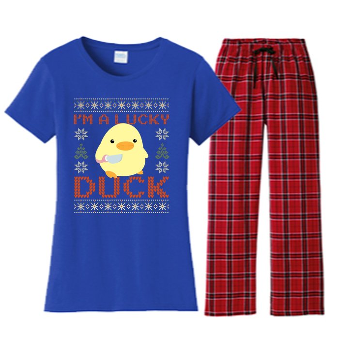 Funny Duck With Knife Meme IM A Lucky Duck Ugly Christmas Gift Women's Flannel Pajama Set