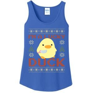 Funny Duck With Knife Meme IM A Lucky Duck Ugly Christmas Gift Ladies Essential Tank