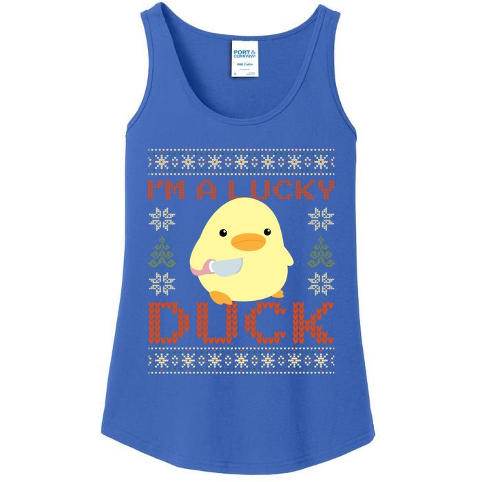 Funny Duck With Knife Meme IM A Lucky Duck Ugly Christmas Gift Ladies Essential Tank