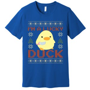 Funny Duck With Knife Meme IM A Lucky Duck Ugly Christmas Gift Premium T-Shirt