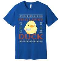 Funny Duck With Knife Meme IM A Lucky Duck Ugly Christmas Gift Premium T-Shirt