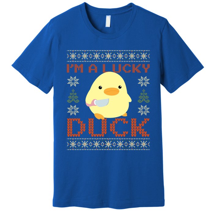 Funny Duck With Knife Meme IM A Lucky Duck Ugly Christmas Gift Premium T-Shirt