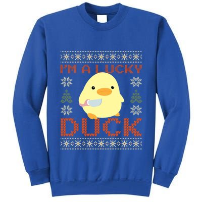 Funny Duck With Knife Meme IM A Lucky Duck Ugly Christmas Gift Tall Sweatshirt