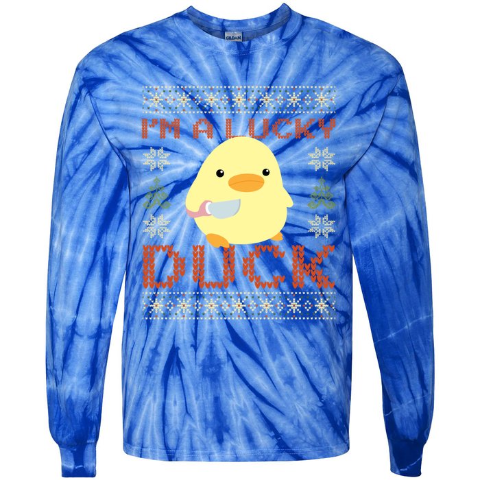 Funny Duck With Knife Meme IM A Lucky Duck Ugly Christmas Gift Tie-Dye Long Sleeve Shirt