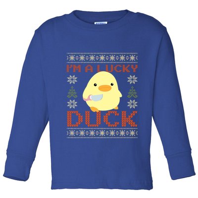 Funny Duck With Knife Meme IM A Lucky Duck Ugly Christmas Gift Toddler Long Sleeve Shirt