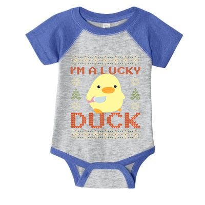 Funny Duck With Knife Meme IM A Lucky Duck Ugly Christmas Gift Infant Baby Jersey Bodysuit
