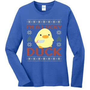 Funny Duck With Knife Meme IM A Lucky Duck Ugly Christmas Gift Ladies Long Sleeve Shirt