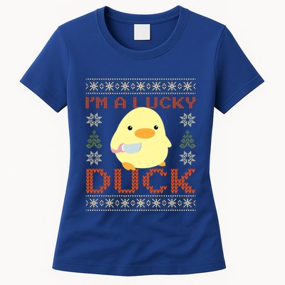 Funny Duck With Knife Meme IM A Lucky Duck Ugly Christmas Gift Womens T-Shirt