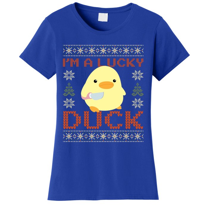 Funny Duck With Knife Meme IM A Lucky Duck Ugly Christmas Gift Women's T-Shirt