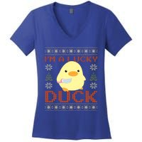 Funny Duck With Knife Meme IM A Lucky Duck Ugly Christmas Gift Women's V-Neck T-Shirt