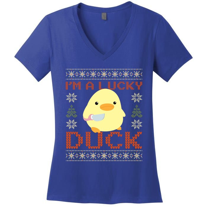 Funny Duck With Knife Meme IM A Lucky Duck Ugly Christmas Gift Women's V-Neck T-Shirt