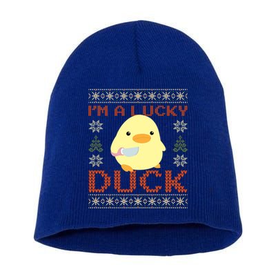 Funny Duck With Knife Meme IM A Lucky Duck Ugly Christmas Gift Short Acrylic Beanie
