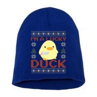 Funny Duck With Knife Meme IM A Lucky Duck Ugly Christmas Gift Short Acrylic Beanie