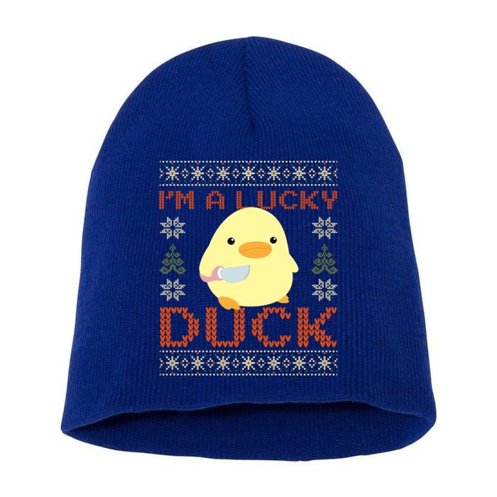 Funny Duck With Knife Meme IM A Lucky Duck Ugly Christmas Gift Short Acrylic Beanie