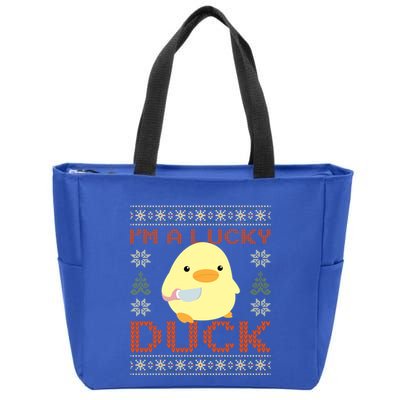 Funny Duck With Knife Meme IM A Lucky Duck Ugly Christmas Gift Zip Tote Bag