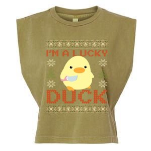 Funny Duck With Knife Meme IM A Lucky Duck Ugly Christmas Gift Garment-Dyed Women's Muscle Tee