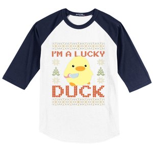 Funny Duck With Knife Meme IM A Lucky Duck Ugly Christmas Gift Baseball Sleeve Shirt