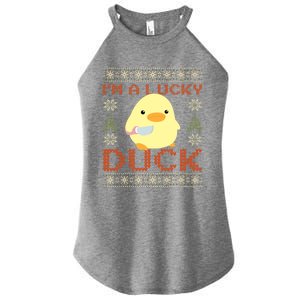 Funny Duck With Knife Meme IM A Lucky Duck Ugly Christmas Gift Women's Perfect Tri Rocker Tank