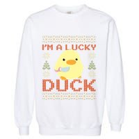 Funny Duck With Knife Meme IM A Lucky Duck Ugly Christmas Gift Garment-Dyed Sweatshirt