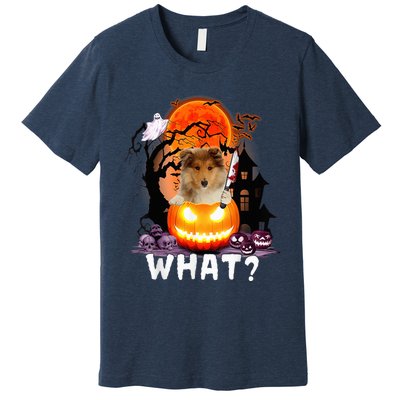 Funny Dog What? Rough Collie With Knife Halloween Costume Premium T-Shirt