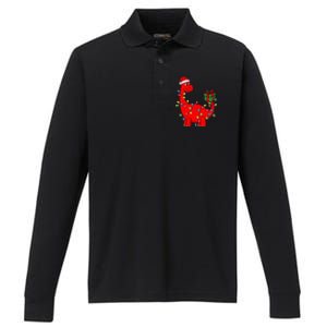 Festive Dino with Illuminated Decor Hilarious Holiday Performance Long Sleeve Polo