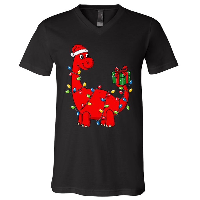 Festive Dino with Illuminated Decor Hilarious Holiday V-Neck T-Shirt