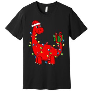 Festive Dino with Illuminated Decor Hilarious Holiday Premium T-Shirt