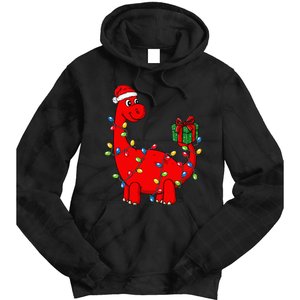 Festive Dino with Illuminated Decor Hilarious Holiday Tie Dye Hoodie